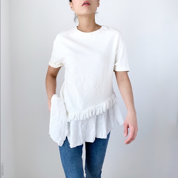 ZARA WHITE ASYMMETRIC HEM FRINGES TOP - SIZE M MADE IN PORTUGAL - Picture 5 of 6